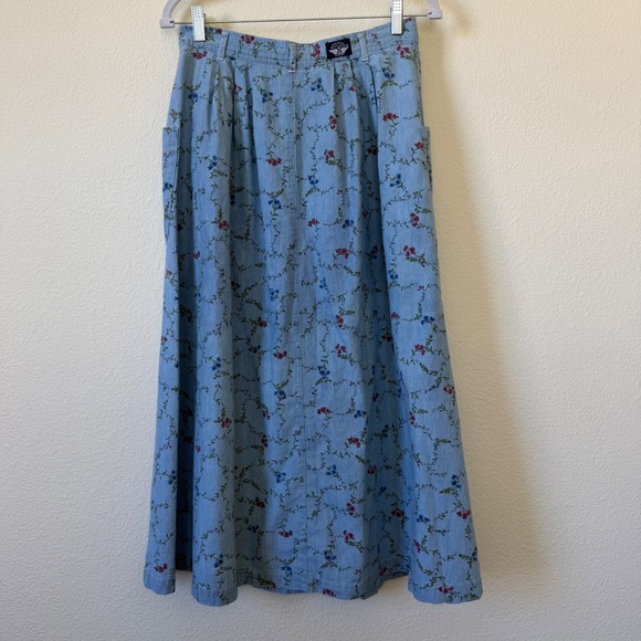 Blue Floral Denim Maxi Skirt Button Front Pockets Cottagecore Vintage 80s - Picture 3 of 8